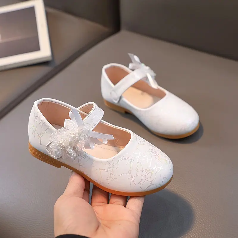Girls Princess Shoes Sweet Leather Shoes Shallow Mouth Ballet Flats 2023 Spring Elegant Lace Flower Kids Shoes туфли для девочки