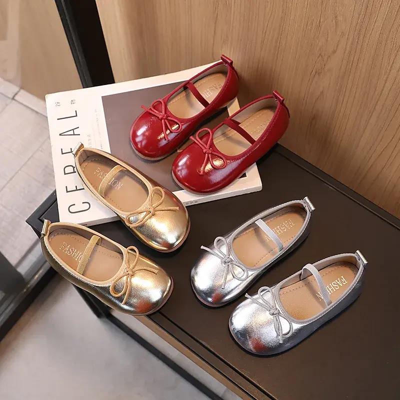 Zapatos Niña Children Shoes Spring Designer Shiny Bow Soft Soled Leather Shoes Autumn Fashion Versatile Girl Party Dresses Shoes