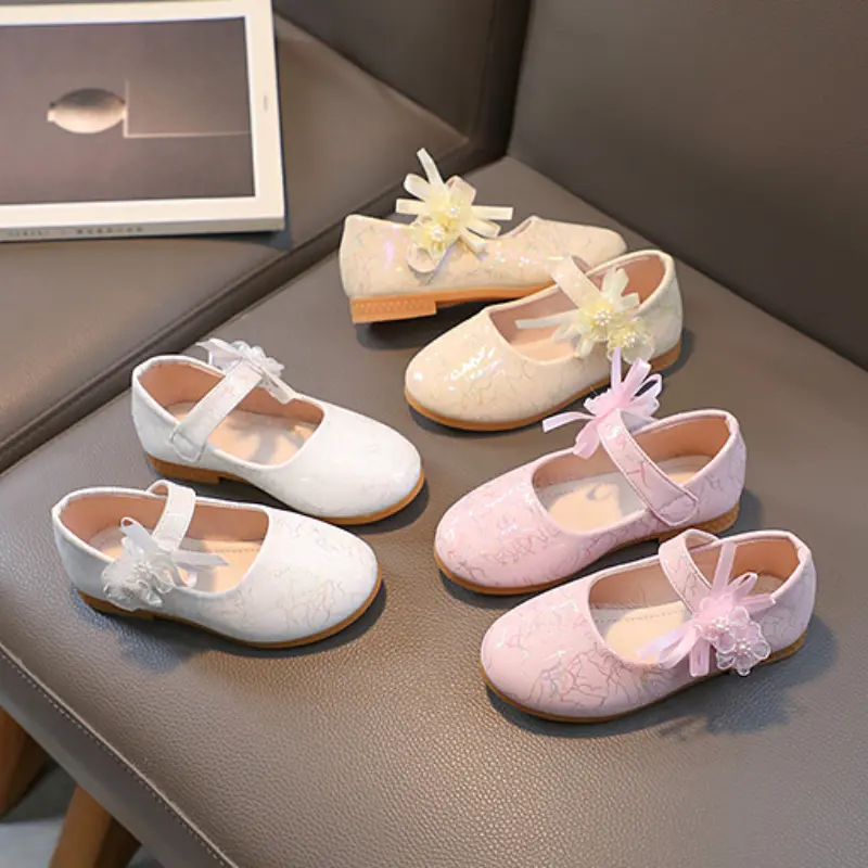 Girls Princess Shoes Sweet Leather Shoes Shallow Mouth Ballet Flats 2023 Spring Elegant Lace Flower Kids Shoes туфли для девочки