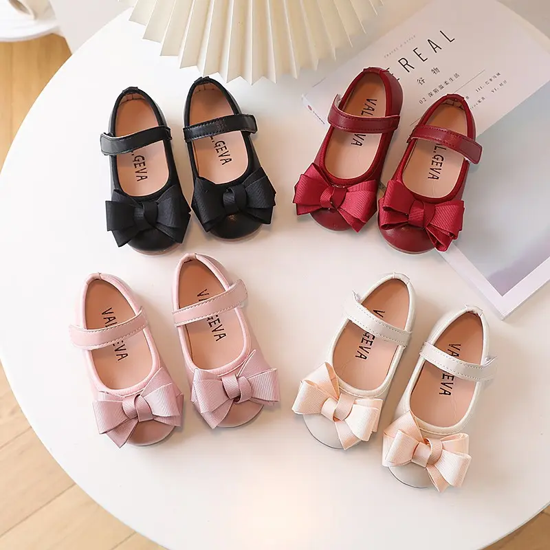 Girls' Leather Shoes 1-3 Year Princess Single Shoes Spring 2023 Toddler Walking Shoes Girls' Bow Tie Flat Shoes Children's Shoes