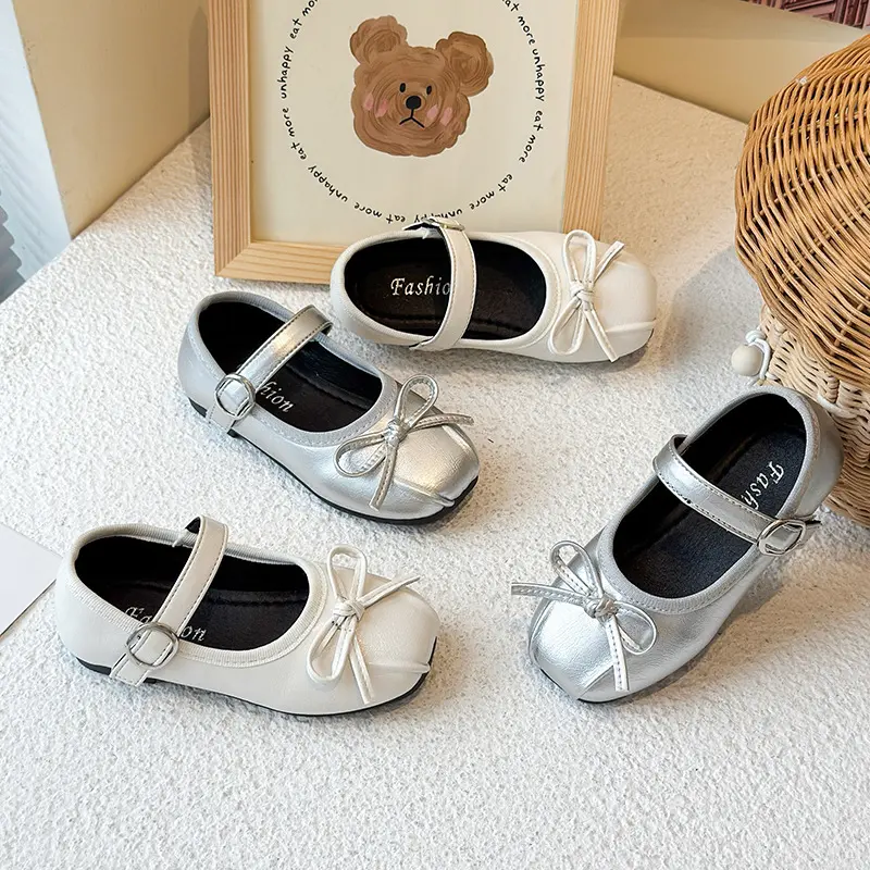 Girls Bow Princess Shoes Silver Baby Girl Soft Sole Baby Toddler Flats Children PU Leather Shoes Kids School Student Loafer