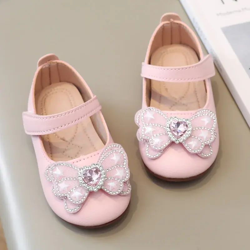 Toddlers Girls Leather Shoes Princess Sweet Kids Casual Flats for Wedding Party Rhinestone Butterfly Crystal Heart Fashion Shoes