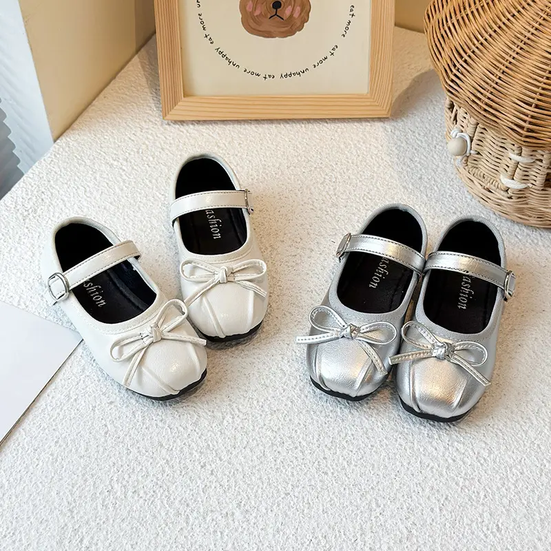 Girls Bow Princess Shoes Silver Baby Girl Soft Sole Baby Toddler Flats Children PU Leather Shoes Kids School Student Loafer