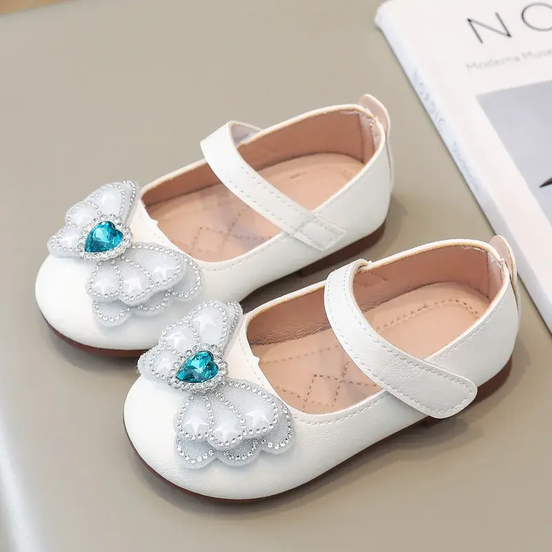 Toddlers Girls Leather Shoes Princess Sweet Kids Casual Flats for Wedding Party Rhinestone Butterfly Crystal Heart Fashion Shoes