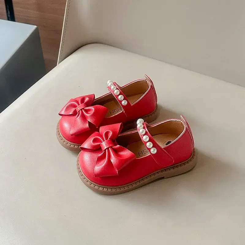 Children Girls' PU Leather Shoes Spring Autumn New Baby Kids Bow Pearl Red Princess Soft-soled School Student Loafer
