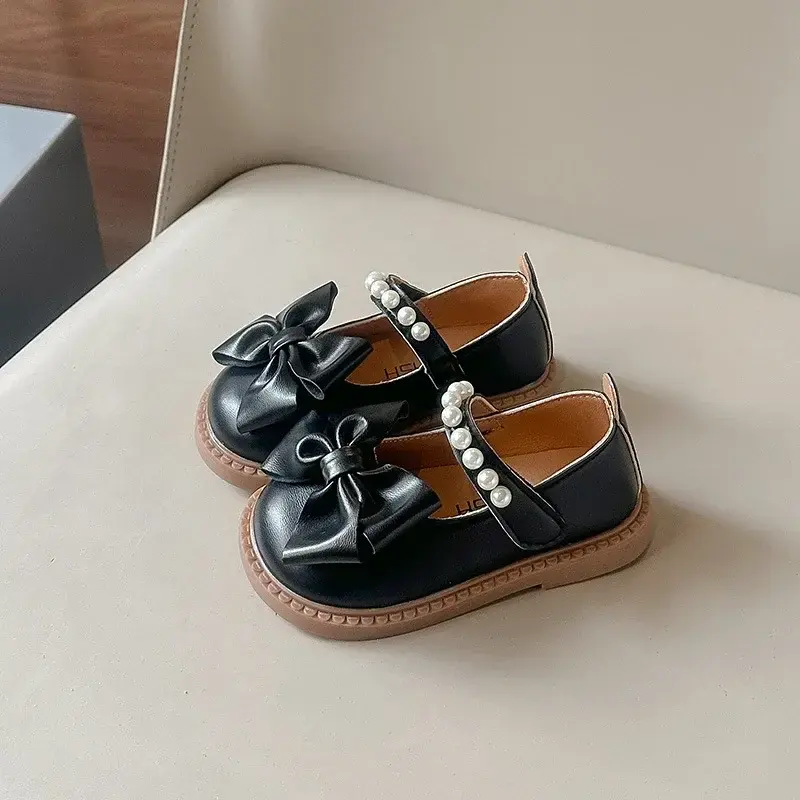 Children Girls' PU Leather Shoes Spring Autumn New Baby Kids Bow Pearl Red Princess Soft-soled School Student Loafer