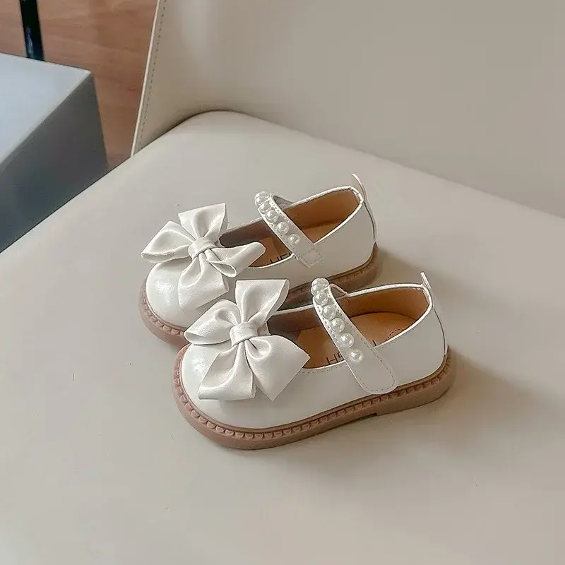 Children Girls' PU Leather Shoes Spring Autumn New Baby Kids Bow Pearl Red Princess Soft-soled School Student Loafer