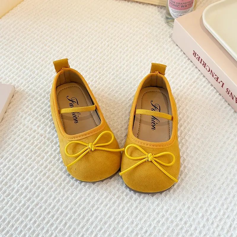 2025 Children's Little Leather Shoes for Girls Korean Candy Color Suede Soft Sole Bow Anti Slip Fashion Princess Single Shoes