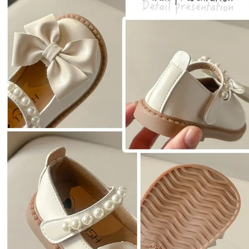 Children Girls' PU Leather Shoes Spring Autumn New Baby Kids Bow Pearl Red Princess Soft-soled School Student Loafer