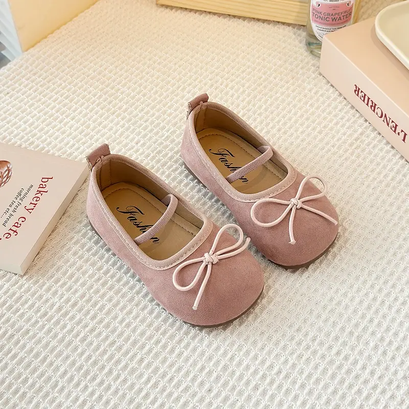2025 Children's Little Leather Shoes for Girls Korean Candy Color Suede Soft Sole Bow Anti Slip Fashion Princess Single Shoes