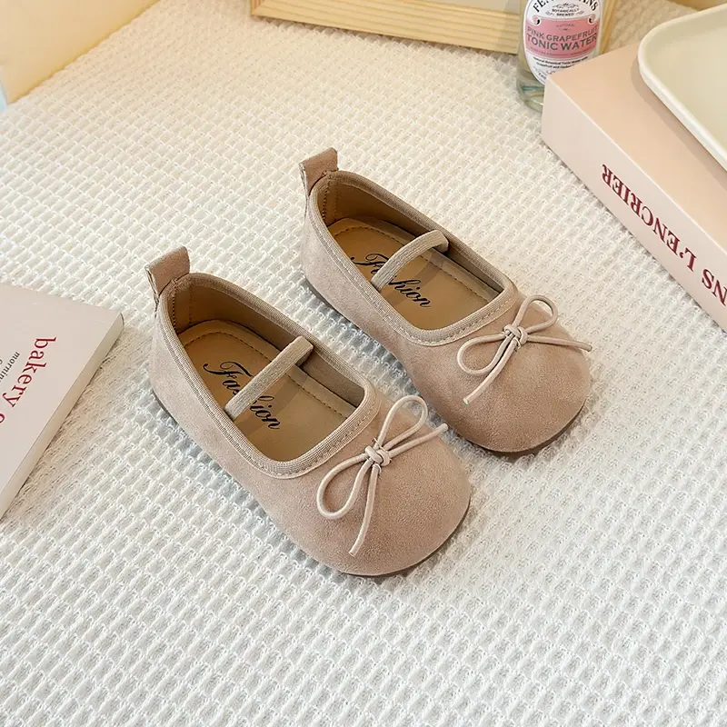 2025 Children's Little Leather Shoes for Girls Korean Candy Color Suede Soft Sole Bow Anti Slip Fashion Princess Single Shoes
