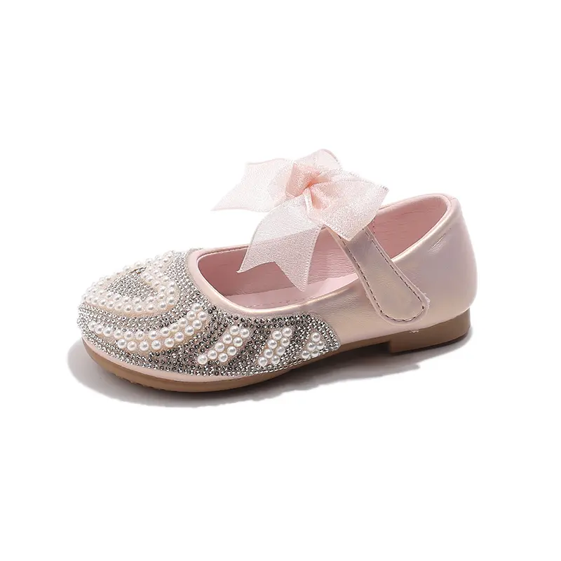 Girls Rhinestone Shoes with Big Heart Pearl Lace Bowtie Fashion Princess Sweet Kids Dress Flats for Wedding Party Chic Elegant
