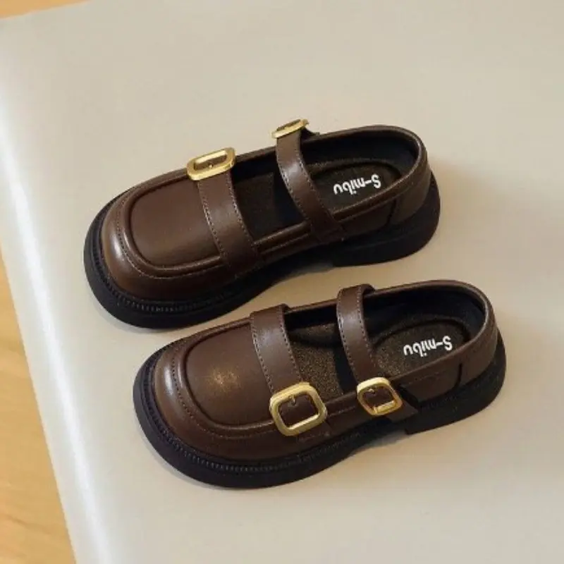 Kids Leather Shoes Simple Girls Fashion Mary Jane Shoes School Uniform Versatile Children Causal Performance Shoes Brown Black