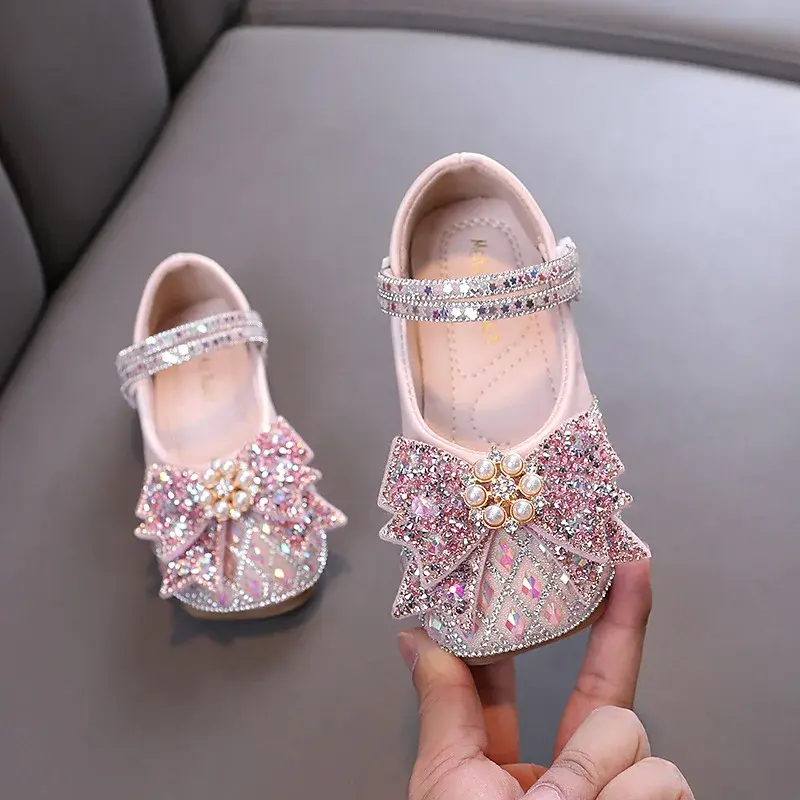 Spring Autumn Girl Princess Shoes Rhinestone Bowtie Kids Leather Shoe Fashion Causal Sequins Children Causal Wedding Flat Shoes