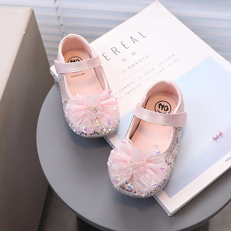 Girls Dress Shoes with Star Sequins Kids Leather Shoes Princess Style 2024 Fashion Elegant New Children Flat Shoes with Mesh Bow
