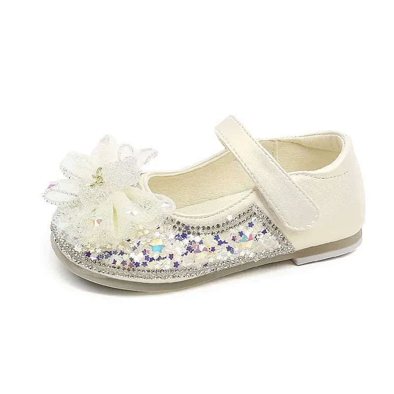 Girls Dress Shoes with Star Sequins Kids Leather Shoes Princess Style 2024 Fashion Elegant New Children Flat Shoes with Mesh Bow