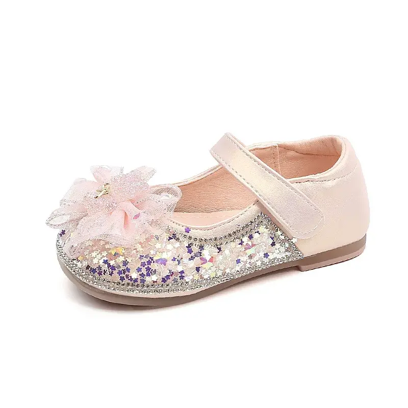 Girls Dress Shoes with Star Sequins Kids Leather Shoes Princess Style 2024 Fashion Elegant New Children Flat Shoes with Mesh Bow