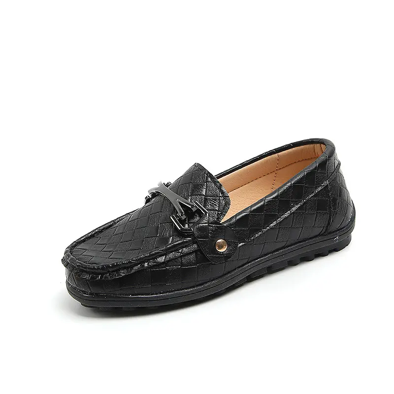 Black Children's Boat Shoes 2025 Four Seasons New Wild Belt Metal Boy Party Kids Fashion Performance Shoes Classic Britain Style