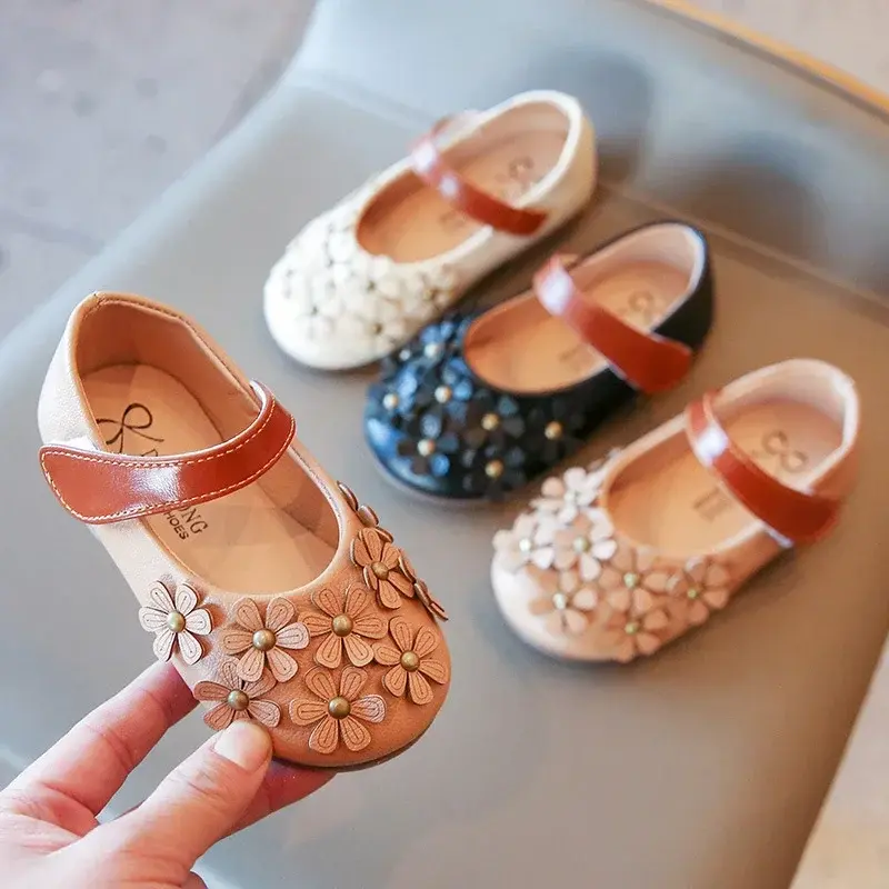 Baby PU Light-weight Princess Girls Dress Spring Autumn Flats Non-slip Mary Janes Cute Toddler Flower Casual Shoes 21-30