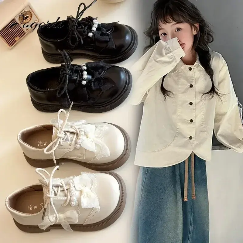 Spring New Girls Fashion Sweet Flower Small PU Leather Children's British Style Princess School Student Loafer Flats Shoes