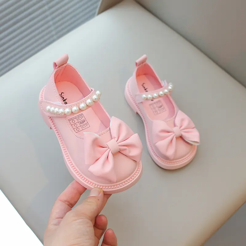 New Children's Leather Shoes Fashion Girls Party Shoes Sweet Bowtie Kids Princess Causal Pearl Ballet Performance Dress Shoes