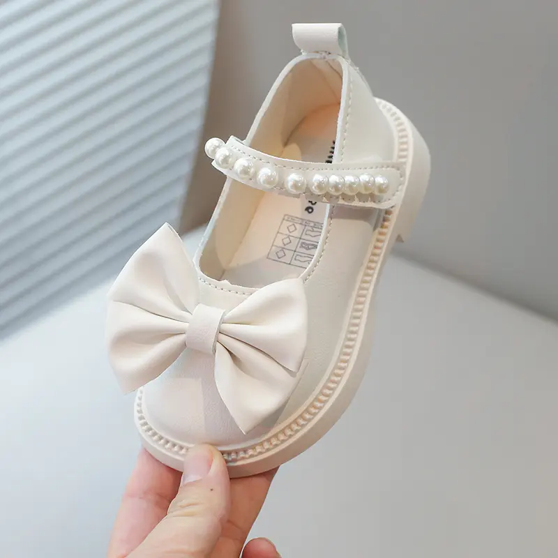 New Children's Leather Shoes Fashion Girls Party Shoes Sweet Bowtie Kids Princess Causal Pearl Ballet Performance Dress Shoes