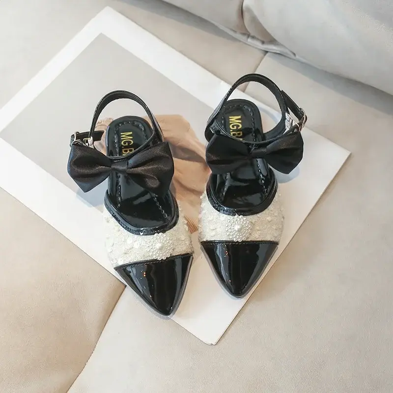 Children Leather Shoes for Girls 2024 Autumn New Fashion Comfortable Elegant Beading Bowtie Soft Sole Wedding Princess Shoes