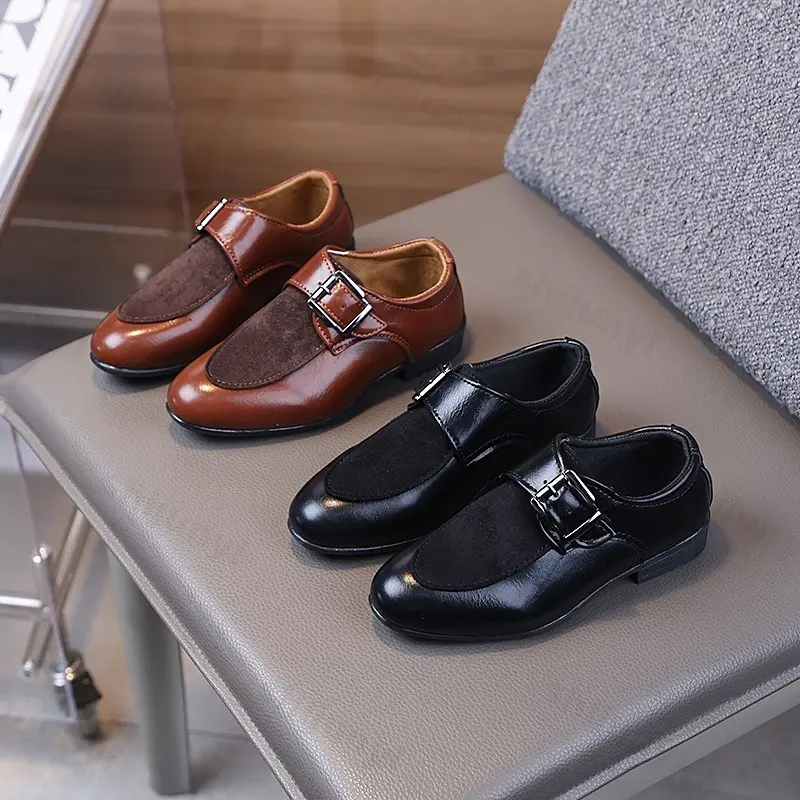 Children Boys Leather Shoes 2025 New Retro Loafers Fashion Buckle Non-slip Pointed Toe Dress Shoes British Kids Oxford Shoes