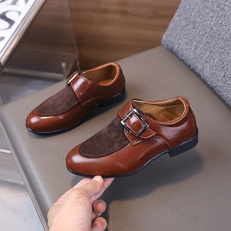 Children Boys Leather Shoes 2025 New Retro Loafers Fashion Buckle Non-slip Pointed Toe Dress Shoes British Kids Oxford Shoes