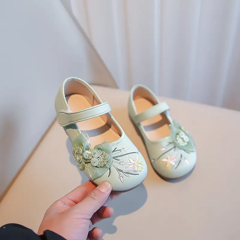 Children Flats Shoes with Mesh Knot Girls Embroidered Leather Shoes for Party Wedding Kids Elegant Temperament Princess Shoes