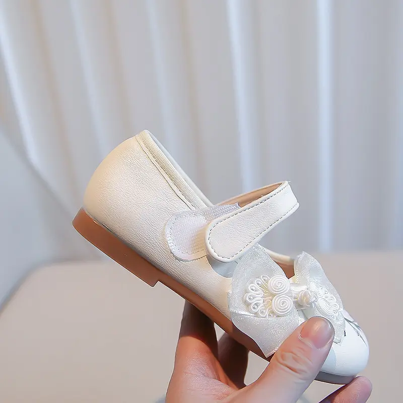 Children Flats Shoes with Mesh Knot Girls Embroidered Leather Shoes for Party Wedding Kids Elegant Temperament Princess Shoes