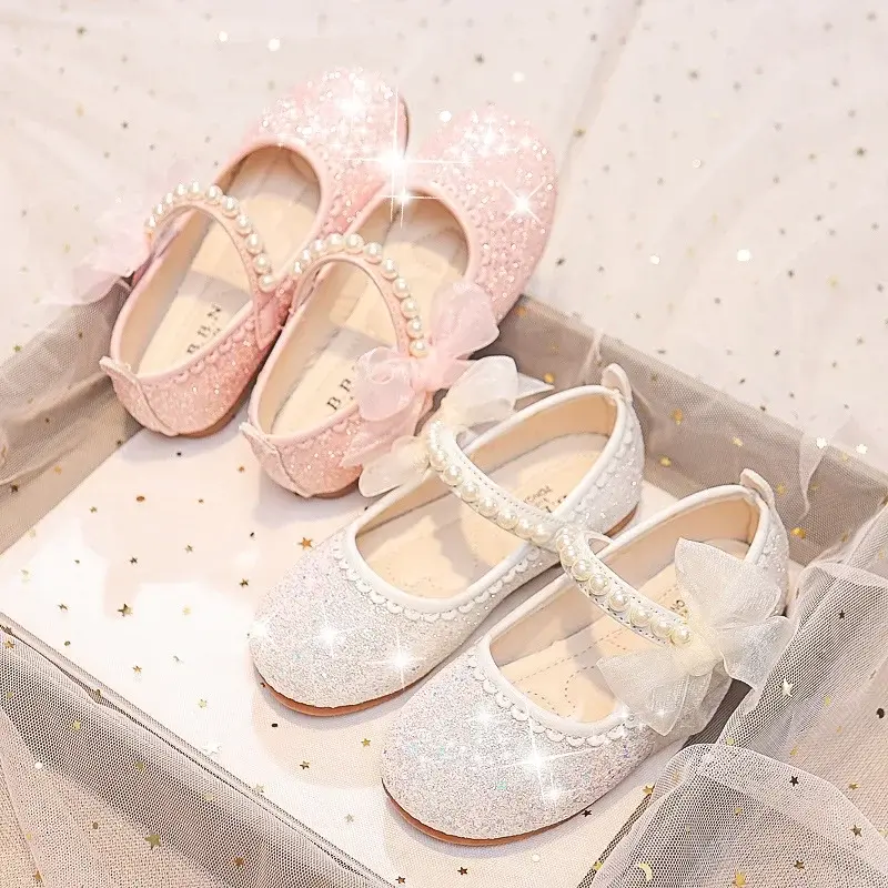 Children Fashion Girls Mary Janes for Party Wedding Shows 2025 Side Bow Pearls Elegant Princess Shoes Chic Kids Shoes Non-slip