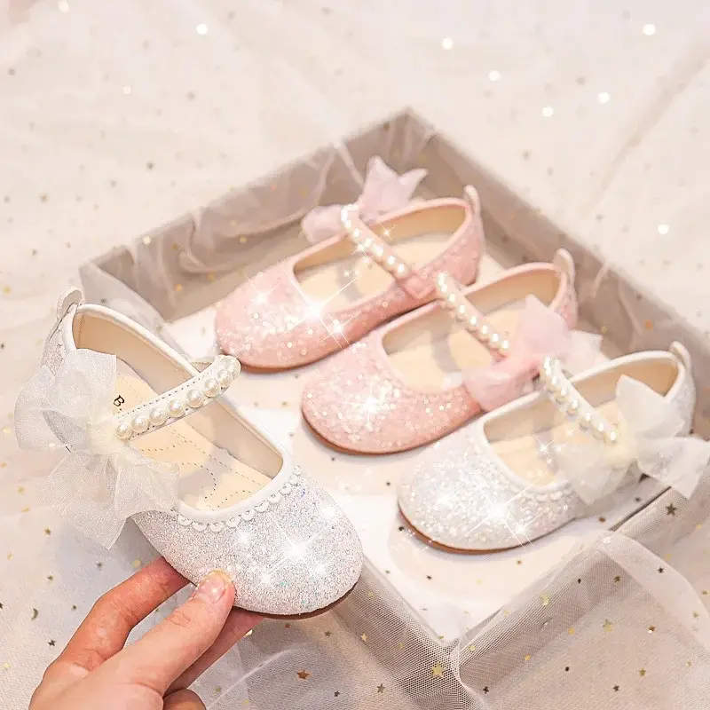 Children Fashion Girls Mary Janes for Party Wedding Shows 2025 Side Bow Pearls Elegant Princess Shoes Chic Kids Shoes Non-slip