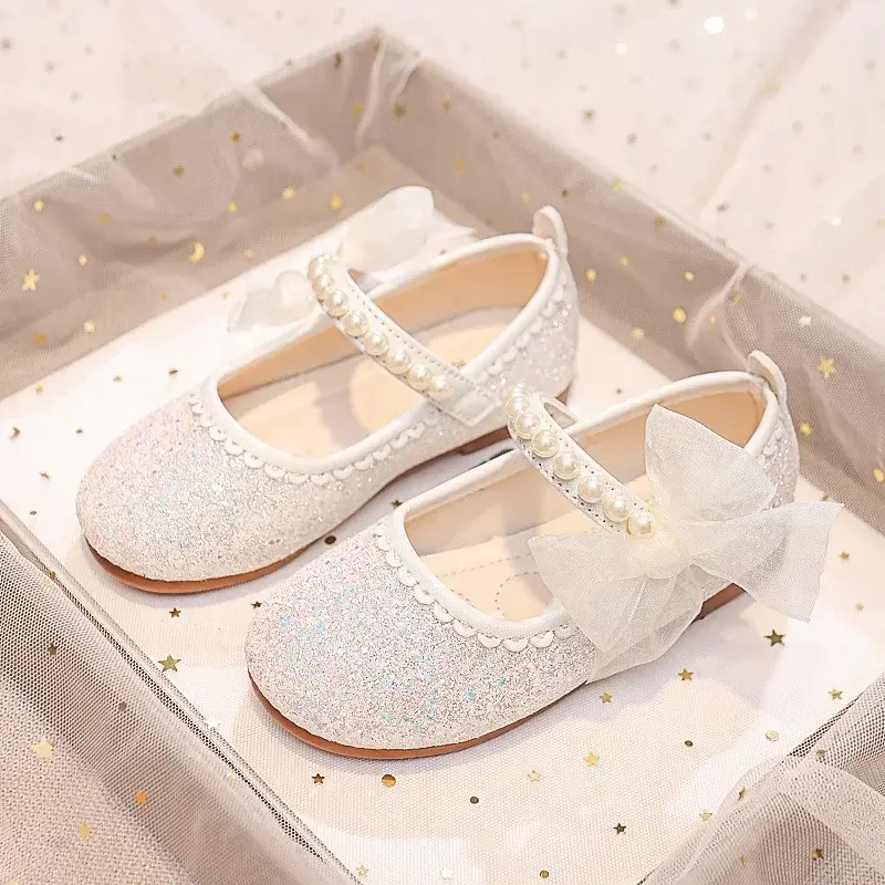 Children Fashion Girls Mary Janes for Party Wedding Shows 2025 Side Bow Pearls Elegant Princess Shoes Chic Kids Shoes Non-slip