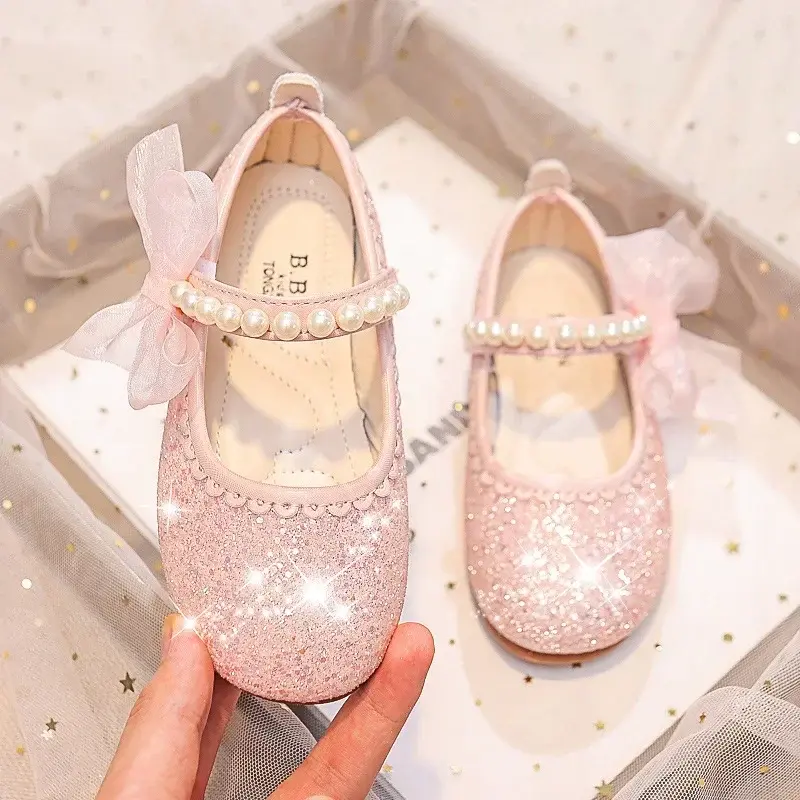 Children Fashion Girls Mary Janes for Party Wedding Shows 2025 Side Bow Pearls Elegant Princess Shoes Chic Kids Shoes Non-slip
