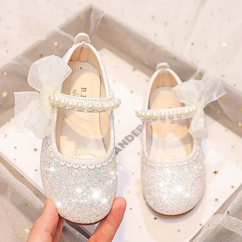 Children Fashion Girls Mary Janes for Party Wedding Shows 2025 Side Bow Pearls Elegant Princess Shoes Chic Kids Shoes Non-slip