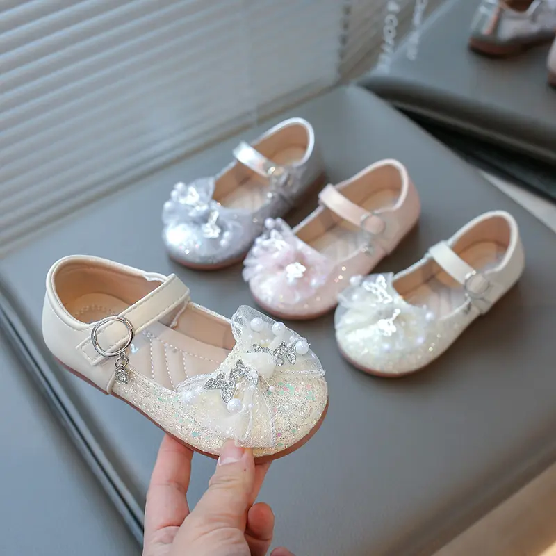 2025 Princess Shoes Mesh Lace Bow Children's Flat Shoes Shiny Glitter Children's Leather Shoes Round Head Sweet Hook and Loop