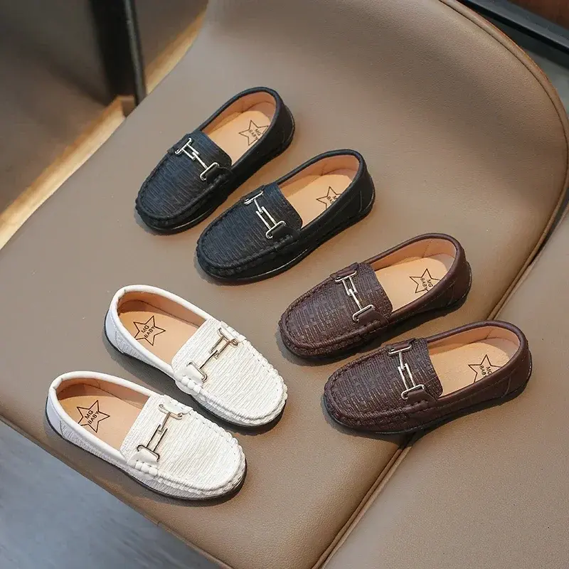 Boys Leather Shoes Black White for School Party Wedding Kids Formal Flats Loafers Slip-on Soft Loafers Children Moccasins 26-35