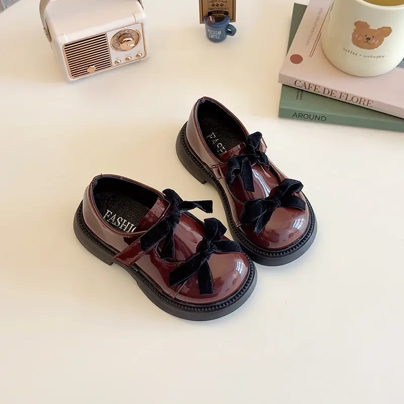 Children Leather Shoes Spring New Princess Shoes for Girls Wine Red Versatile Kids Fashion Wedding Party Mary Jane Shoes Glossy