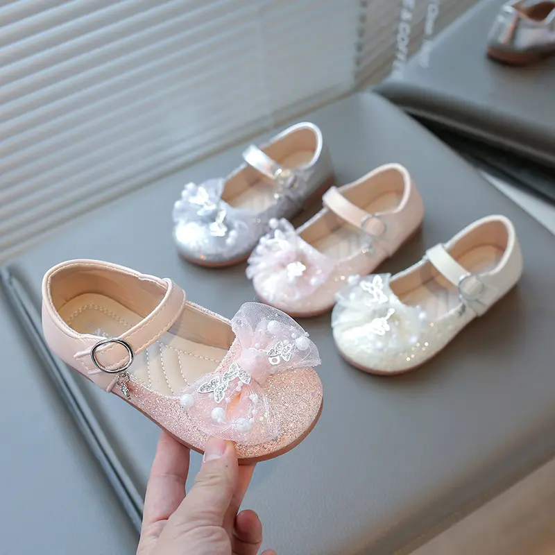 2025 Princess Shoes Mesh Lace Bow Children's Flat Shoes Shiny Glitter Children's Leather Shoes Round Head Sweet Hook and Loop