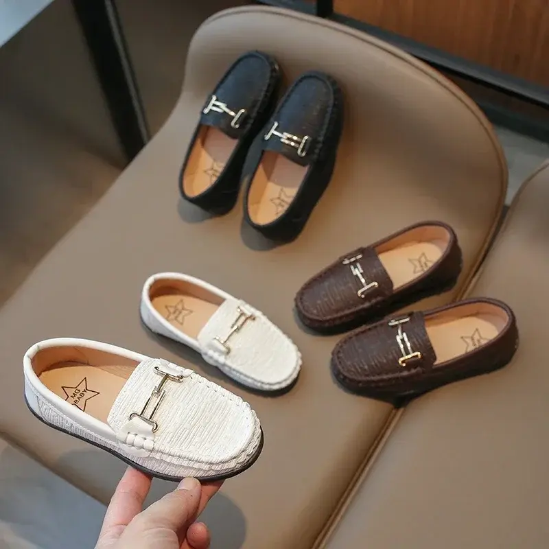 Boys Leather Shoes Black White for School Party Wedding Kids Formal Flats Loafers Slip-on Soft Loafers Children Moccasins 26-35