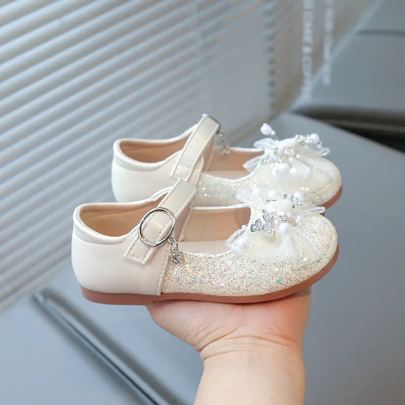 2025 Princess Shoes Mesh Lace Bow Children's Flat Shoes Shiny Glitter Children's Leather Shoes Round Head Sweet Hook and Loop