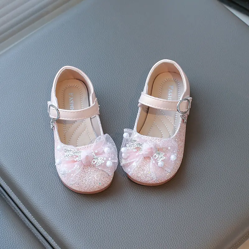 2025 Princess Shoes Mesh Lace Bow Children's Flat Shoes Shiny Glitter Children's Leather Shoes Round Head Sweet Hook and Loop