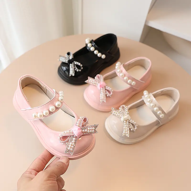 Girl's Mary Janes Beading Shallow Pearl Shallow Kids Leather Shoes Platform Three Colors Autumn Cute Children Flat Shoe 21-30
