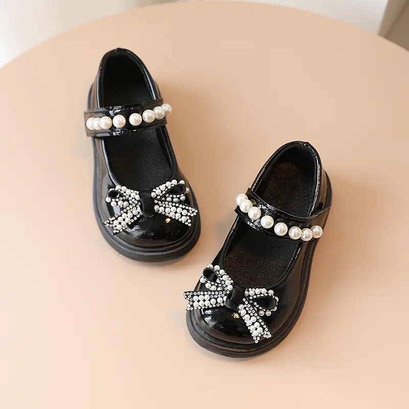 Girl's Mary Janes Beading Shallow Pearl Shallow Kids Leather Shoes Platform Three Colors Autumn Cute Children Flat Shoe 21-30