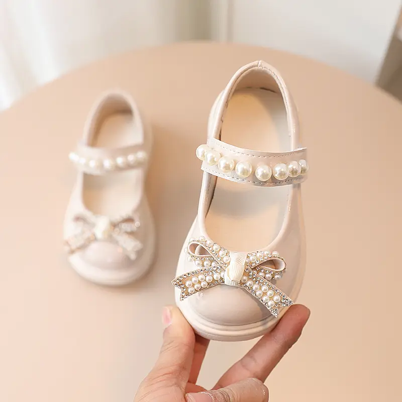 Girl's Mary Janes Beading Shallow Pearl Shallow Kids Leather Shoes Platform Three Colors Autumn Cute Children Flat Shoe 21-30