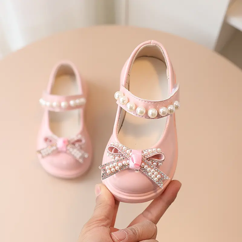 Girl's Mary Janes Beading Shallow Pearl Shallow Kids Leather Shoes Platform Three Colors Autumn Cute Children Flat Shoe 21-30