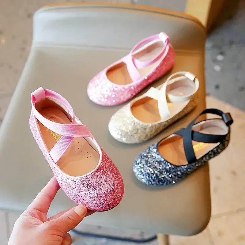 Bling Glitter Strappy Sandals for Teenager Girls Fashion Cross-tied Sequins Joyous Ceremony Party Shoes School Dress Shoe H05313