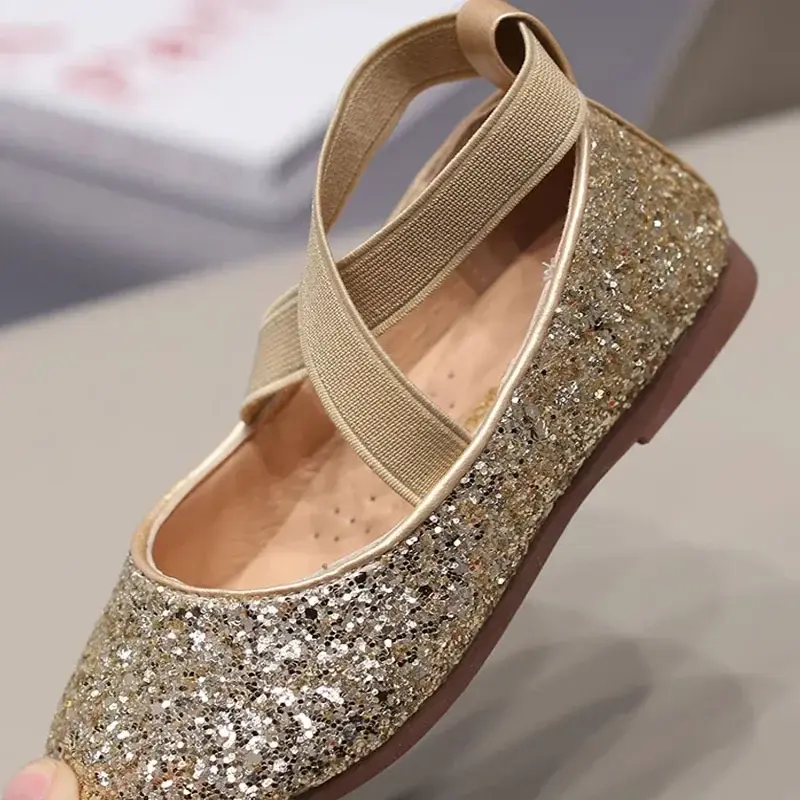 Bling Glitter Strappy Sandals for Teenager Girls Fashion Cross-tied Sequins Joyous Ceremony Party Shoes School Dress Shoe H05313