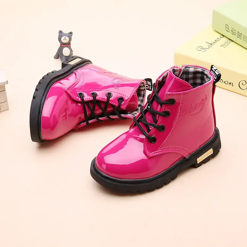 Spring Autumn Ankle Boots for Girls Black/Red/Pink/Yellow Toddler Boy Boots Children's Kids Leather Shoes Kids Waterproof A11171
